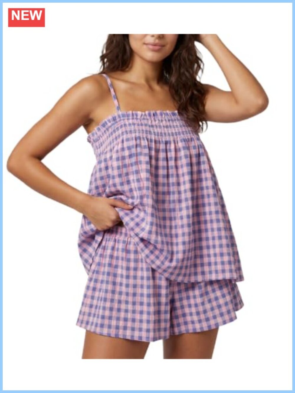 Polyester Gingham Smocked 2 Piece Pajama Short Set Sleeveless Ruffle